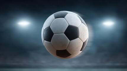 Naklejka premium Powerful Soccer Ball Shot Captured in Mid-Air with Dramatic Lighting and Motion Blur Effect in a Dynamic Sports Scene