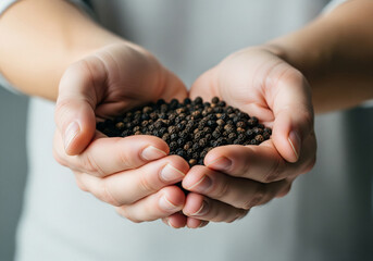 Hands gently cupping a generous pile of whole black peppercorns, showcasing natural spice and culinary potential for gourmet cooking and seasoning