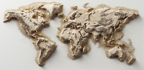 Fototapeta premium Earth's continents sculpted in a tactile, beige material on a white ground, showing the world