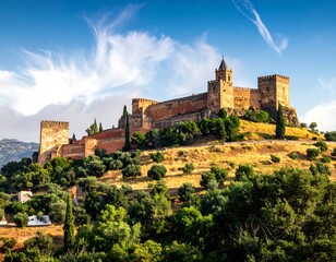 Obraz premium Ancient castle atop a hill, under sunny sky with wispy clouds. Green trees in foreground
