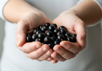Fresh blackcurrants held in cupped hands, showcasing vibrant, healthy berries perfect for culinary inspiration and natural wellness content.