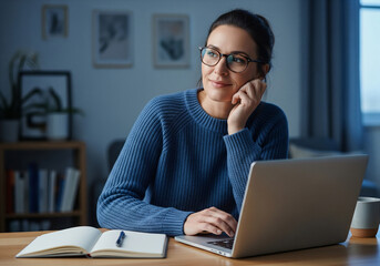 Thoughtful woman in cozy sweater gazing dreamily while working on laptop at her desk, planning future projects with a smile.