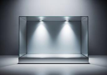 Elegant illuminated empty display case ready for showcasing luxury products or art with professional studio lighting and modern design