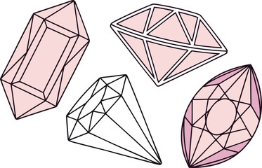 Vector illustration set of shiny diamond, crystal, and ruby heart gem shapes