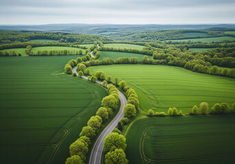 Drive through stunning lush countryside with winding roads and vibrant green fields, perfect for travel ads or scenic backgrounds and calming road trips
