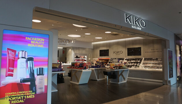 Barcelona, Spain - September 26, 2025: Maremagnum shopping mall - KIKO MILANO Cosmetics Storefront