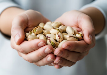 Nourishing hands gently cradle a generous pile of fresh, green pistachios, promising wholesome goodness and delightful snacking moments