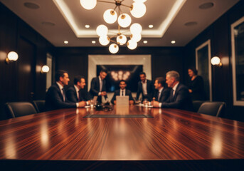 Professional business team collaborates in modern boardroom, discussing strategy and making important decisions around a polished wooden table.