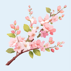 Watercolor illustration of blooming cherry blossoms on a branch against a soft background