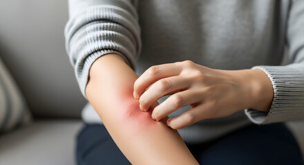 Fototapeta premium Close up woman arm scratch the itch by hand at home, itching due to rash, fungus, allergy, dermatological disease, dry skin. Healthcare and medical concept. red itchy rash.
