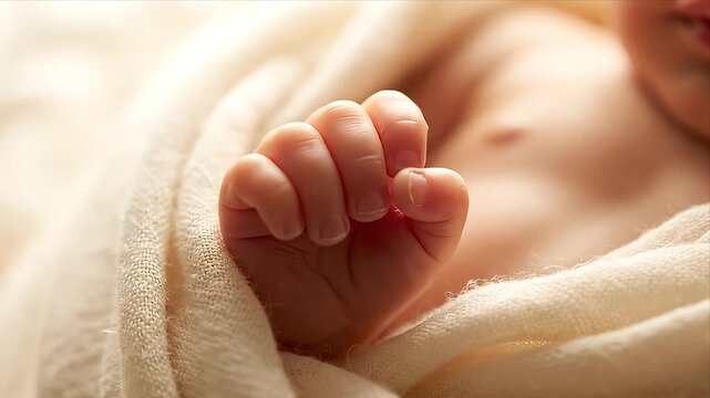 Close-up of a precious newborn babys tiny hand gently curled in a soft blanket representing innocence new life and the delicate beauty of infancy