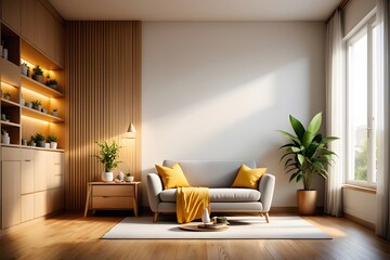 Naklejka premium Serene Living Room Interior with Natural Light Neutral Tones and Minimalist Decor for a Relaxing Atmosphere