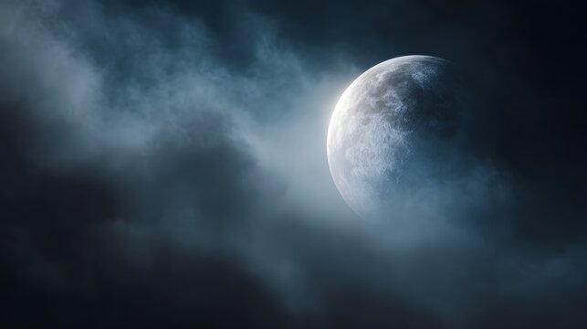 A luminous planet or moon emerges from dense atmospheric fog under dramatic lighting