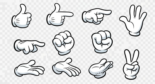 Collection of cartoon white gloves with different hand gestures, isolated on transparent background.