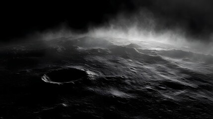 A desolate cratered alien landscape shrouded in mist under a dark dramatic sky