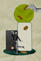 Vertical poster art photo collage of hands hold phone credit card deposit income coin cashless...