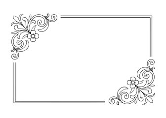 Obraz premium Black Line Art Floral Corner Border Vector, Elegant Vintage Flower Frame Ornament, Minimal Baroque Decorative Corners Illustration