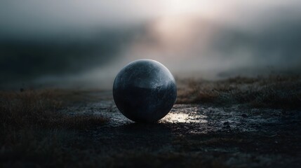 A dark textured sphere rests on wet ground amidst a mystical foggy atmosphere with soft light