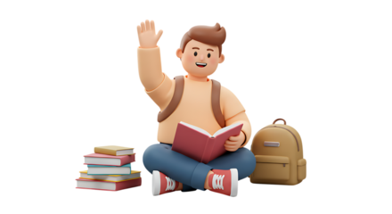 3d icon of a young student sits crosslegged with a book and backpack, raising hand, isolated on transparent background