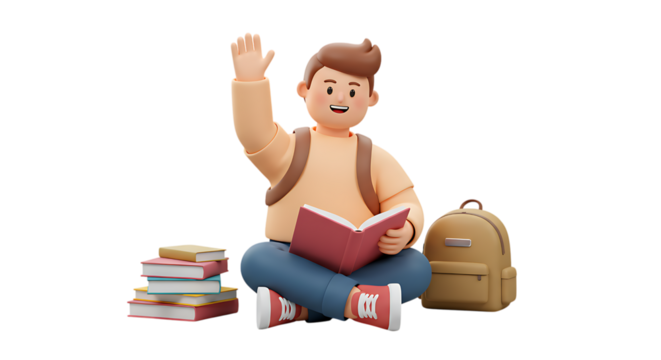 3d icon of a young student sits crosslegged with a book and backpack, raising hand, isolated on transparent background