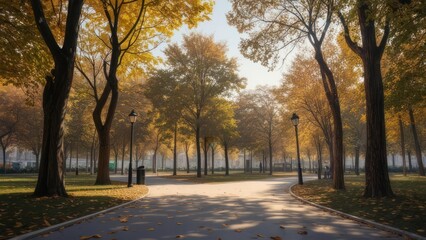 Sunlit autumn park path, trees in yellow foliage