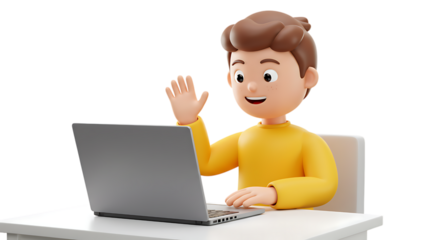 3d icon of cartoon boy waving hello at laptop isolated on transparent background