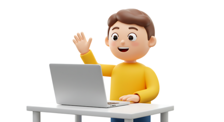 3d icon of cartoon boy waving hello at laptop isolated on transparent background