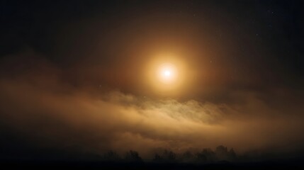 A luminous golden celestial orb shrouded in thick fog and clouds glows intensely in a dark star filled night sky