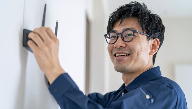 An asian man happily attaching a wireless router to the wall