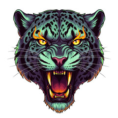 Fierce illustration of a jaguar's head, snarling and baring teeth with intense eyes.