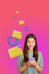 Vertical image art pop trend collage of happy girl guy stand bubble correspondence cv icon webpage chat dialogue conversation