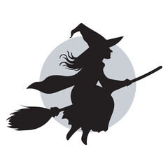 Flying Witch Silhouette on Broomstick, Halloween Witch Vector with Moon, Scary Witch Flying in Night Sky, Black Witch Illustration for Halloween Decor, Halloween Witch Icon Isolated, Vector Silhouette