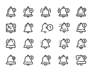 An array of twenty bell icons indicating notification counts, depicted in a minimal black outline