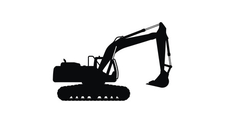 Black silhouette of an excavator with its boom and bucket extended on a white background