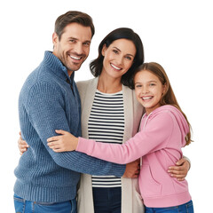 A happy smiling family of three a father mother and daughter embracing warmly together isolated on transparent background
