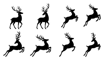 Set of Elegant Black Christmas Reindeer Silhouettes in Standing and Jumping Poses - Vector Icon Pack