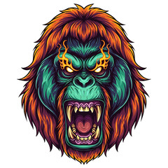 A vibrant illustration of a roaring gorilla with fiery eyes and open mouth.