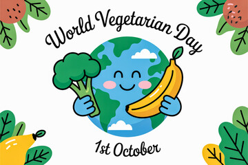 World vegetarian day celebration with earth holding broccoli and banana
