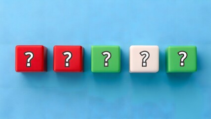 Obraz premium Color Code Puzzle – Front View Conceptual Symbolism, Question Mark Blocks in Red, Green, and White Sequence, Inquiry Metaphor, Blue Background