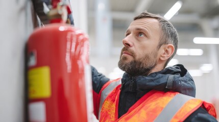 Man Inspecting Fire Extinguisher In Industrial Setting. Safety And Preparedness In Workplace