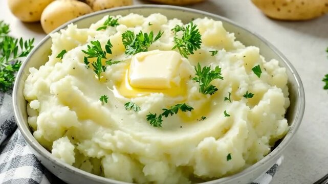 Delicious creamy mashed potatoes with butter and parsley served in a bowl