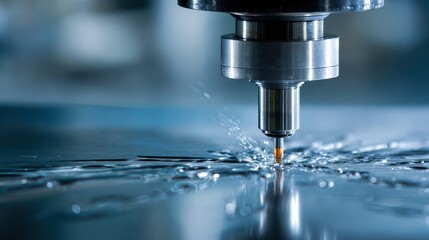 Close-up of a Precision CNC Milling Machine Tool Cutting Metal Surface with Fluid Splashing Effect in a Workshop Environment