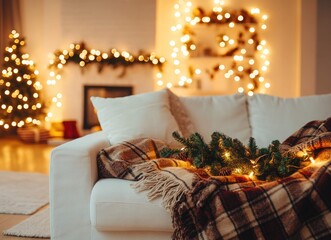 Cozy Christmas Living Room with Warm Holiday Lights and Decorations