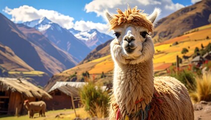 A fluffy, friendly llama poses in a colorful Andean landscape, with mountains and huts