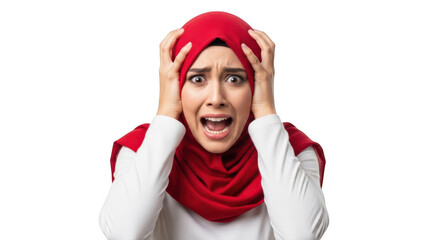 A young woman wearing a red hijab and white shirt expresses extreme distress and panic clutching her head in a moment of intense emotional turmoil isolated on transparent background