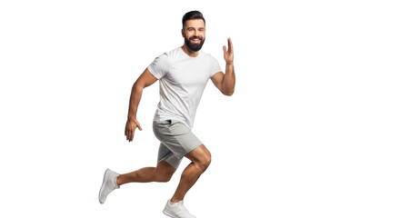 Athletic bearded man in white t shirt and shorts running with energy and determination isolated on transparent background