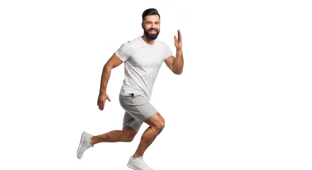 Athletic bearded man in white t shirt and shorts running with energy and determination isolated on transparent background