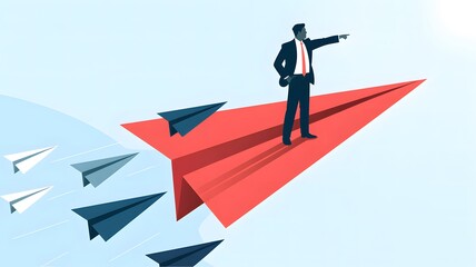 Businessman riding a giant red paper airplane leading a fleet of smaller planes