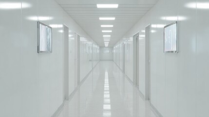 White Sterile Corridor In Modern Medical Facility. Clean And Minimalistic Design For Healthcare Environments