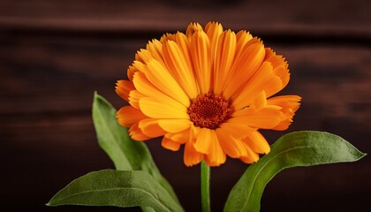 a single orange calendula flower stem with leaves